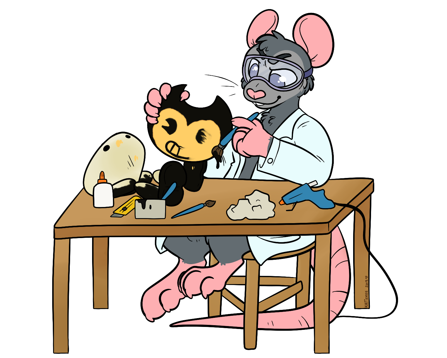 Fabrice the rat crafting a puppet Bendy from Bendy and the Ink Machine - Art by Mikey Opossum
